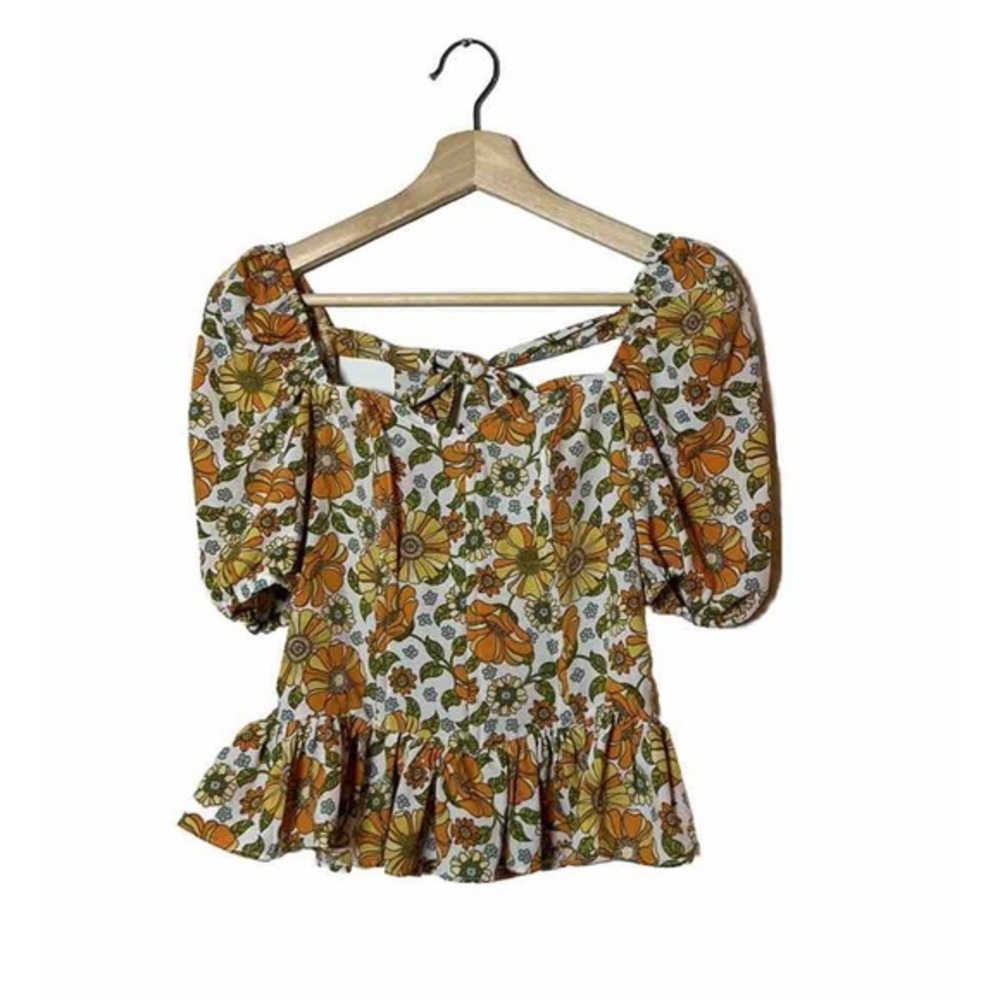 Milk & Honey Orange Floral Vintage Style Corset Puff Sleeve Blouse Sz. M NWOT!